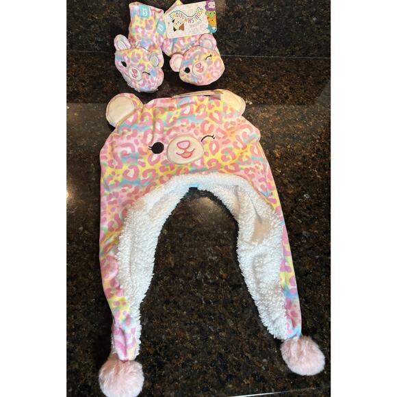 Squishmallows Michaela Hat Gloves Mitts Set Ears Pink Leopard Winter Cap NWT - Picture 2 of 12